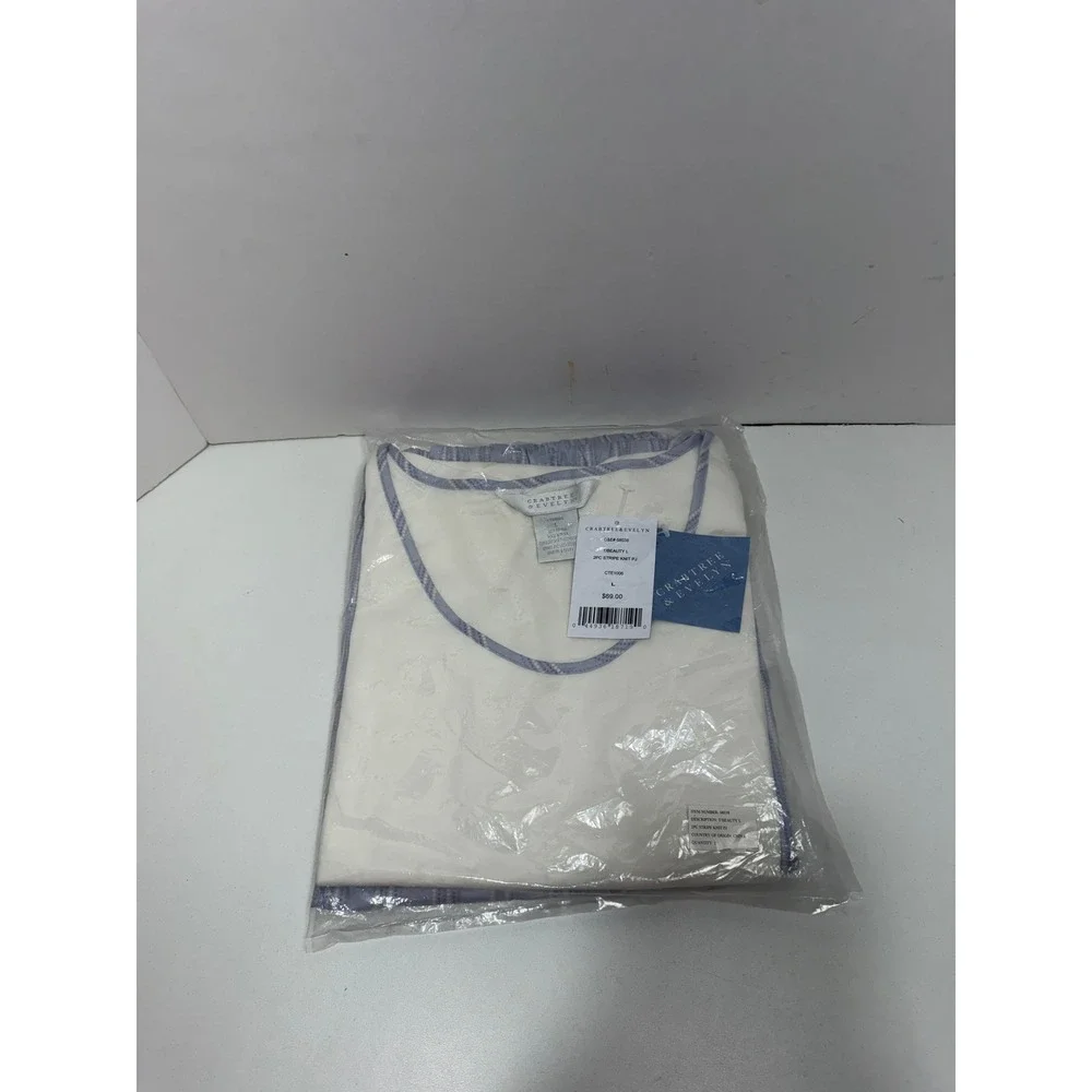 Crabtree & Evelyn Womens 2PC Stripe Knit‎ Pajama Set White Blue Cotton Large NEW